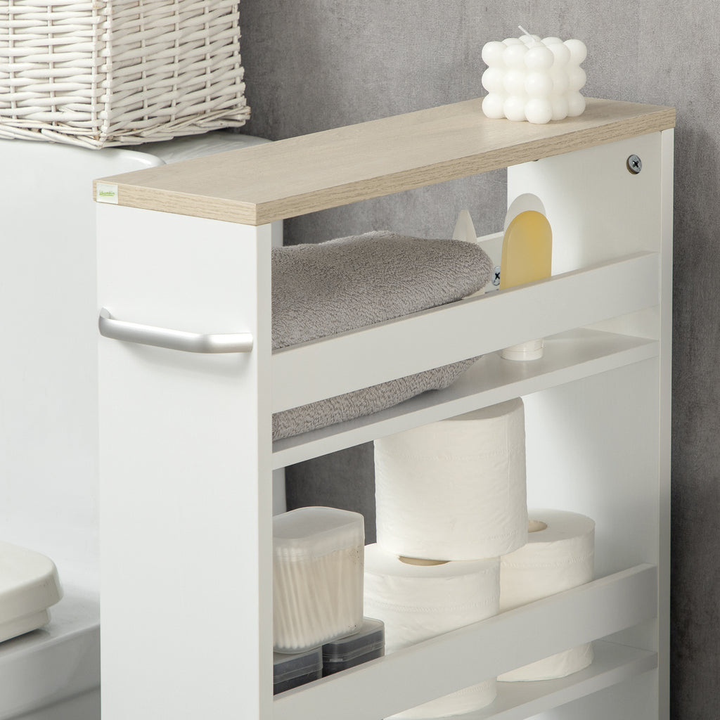 kleankin Space-Saving 3-Tier Bathroom Cart with Wheels and Wooden Handle, 48x15x80cm, White