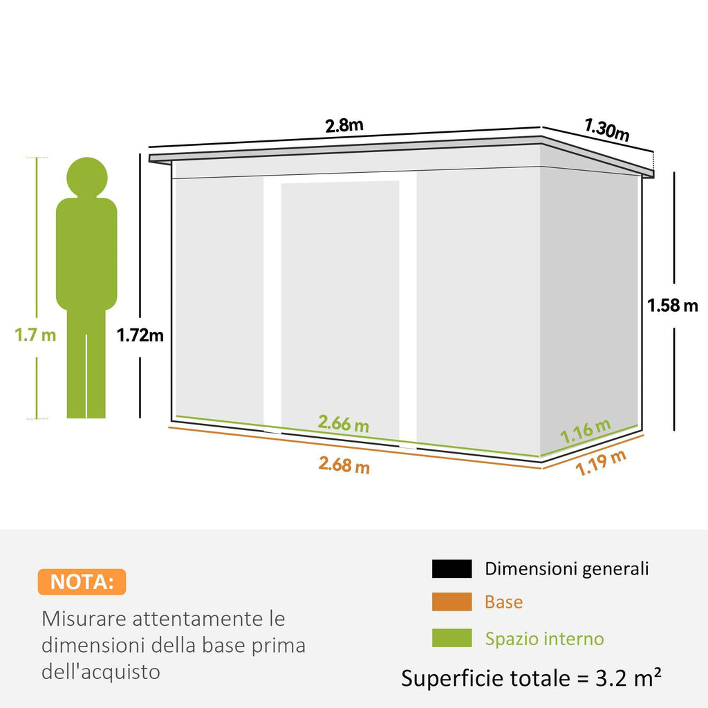 Outsunny Steel Garden Shed with 2 Vents and 2 Sliding Doors, 280x130x172 cm, Light Grey
