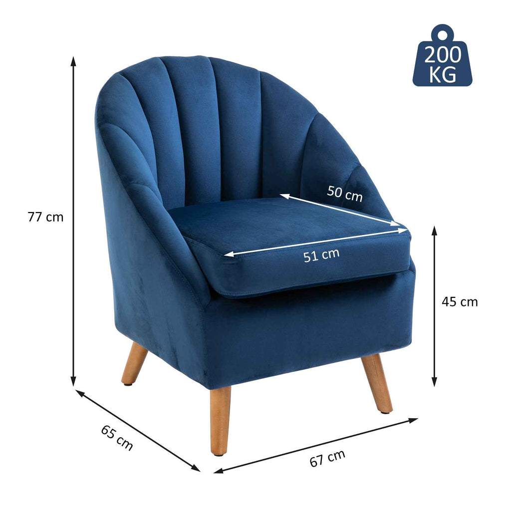 HOMCOM Velvet Lounge Chair with Thick Pad, Wooden Legs and Armrests, Blue