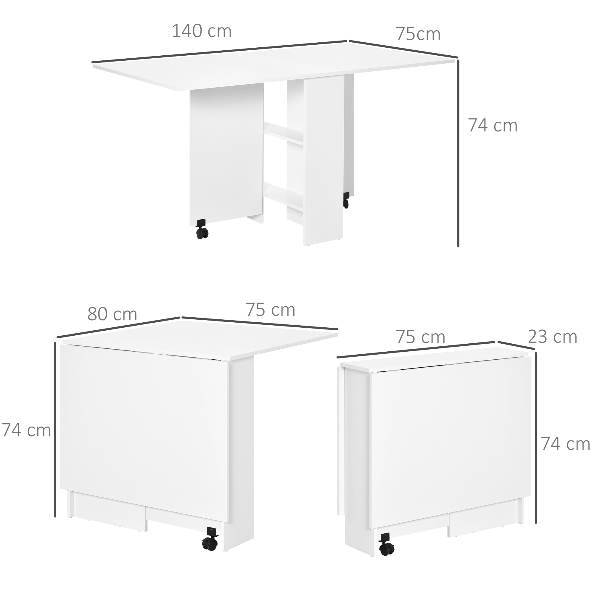 LEAF - Foldable Dining Table for 4-6 People with 2 Wheels, Space-Saving Leaf Table with 2 Storage Shelves, 140x75x74cm, White
