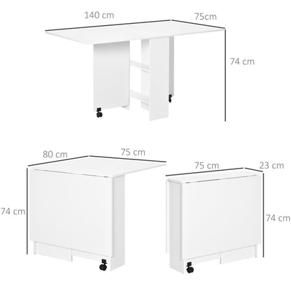 LEAF - Foldable Dining Table for 4-6 People with 2 Wheels, Space-Saving Leaf Table with 2 Storage Shelves, 140x75x74cm, White