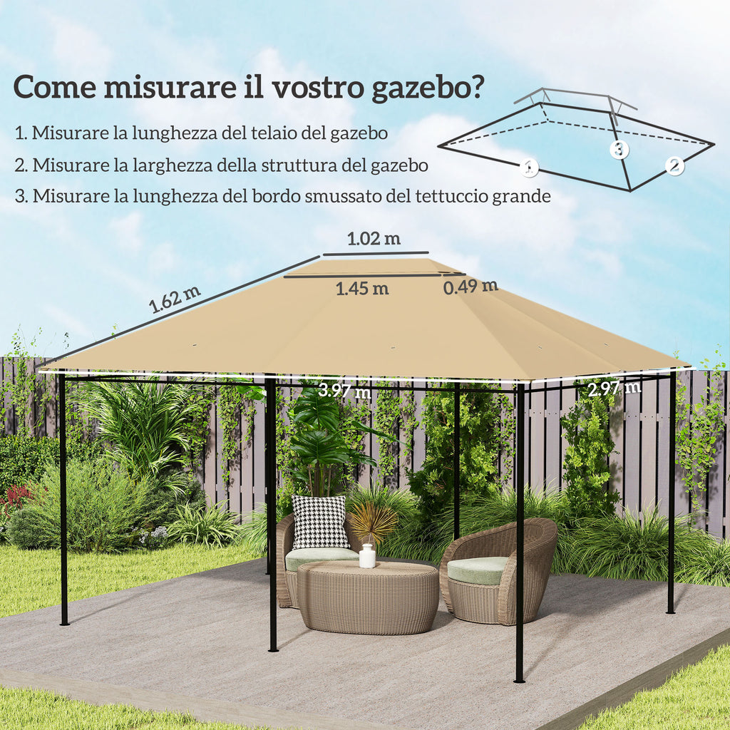 Outsunny 4x3m UV-Resistant Polyester Gazebo Replacement Roof with Air Vent, Khaki