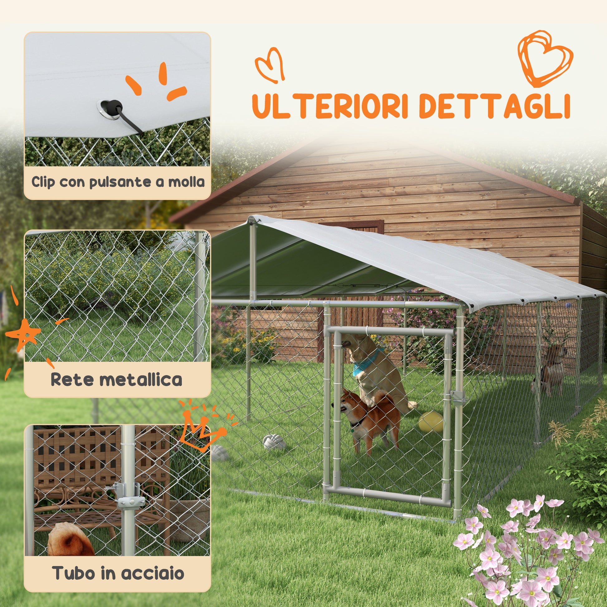 PawHut Outdoor Run for Large Dogs up to 30kg, with Waterproof and Anti-UV Roof, 4x2.3x1.5m, Silver - Borgè