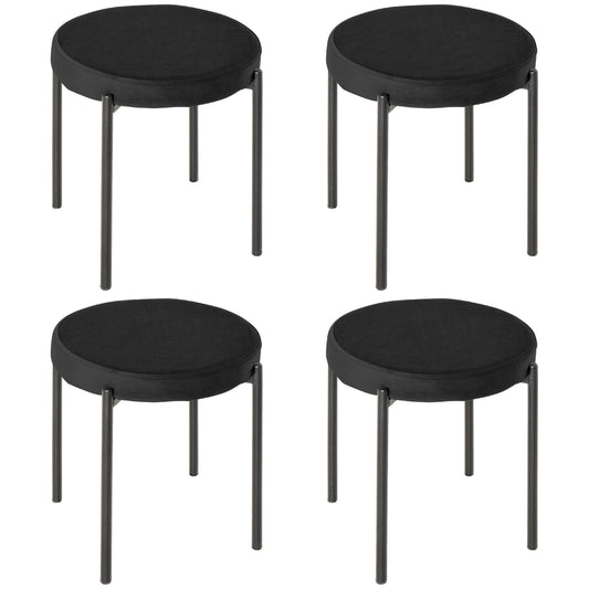 Set of 4 Low Round Stools in Metal and Velvet Effect Fabric, 41.5x41.5x46 cm, Black