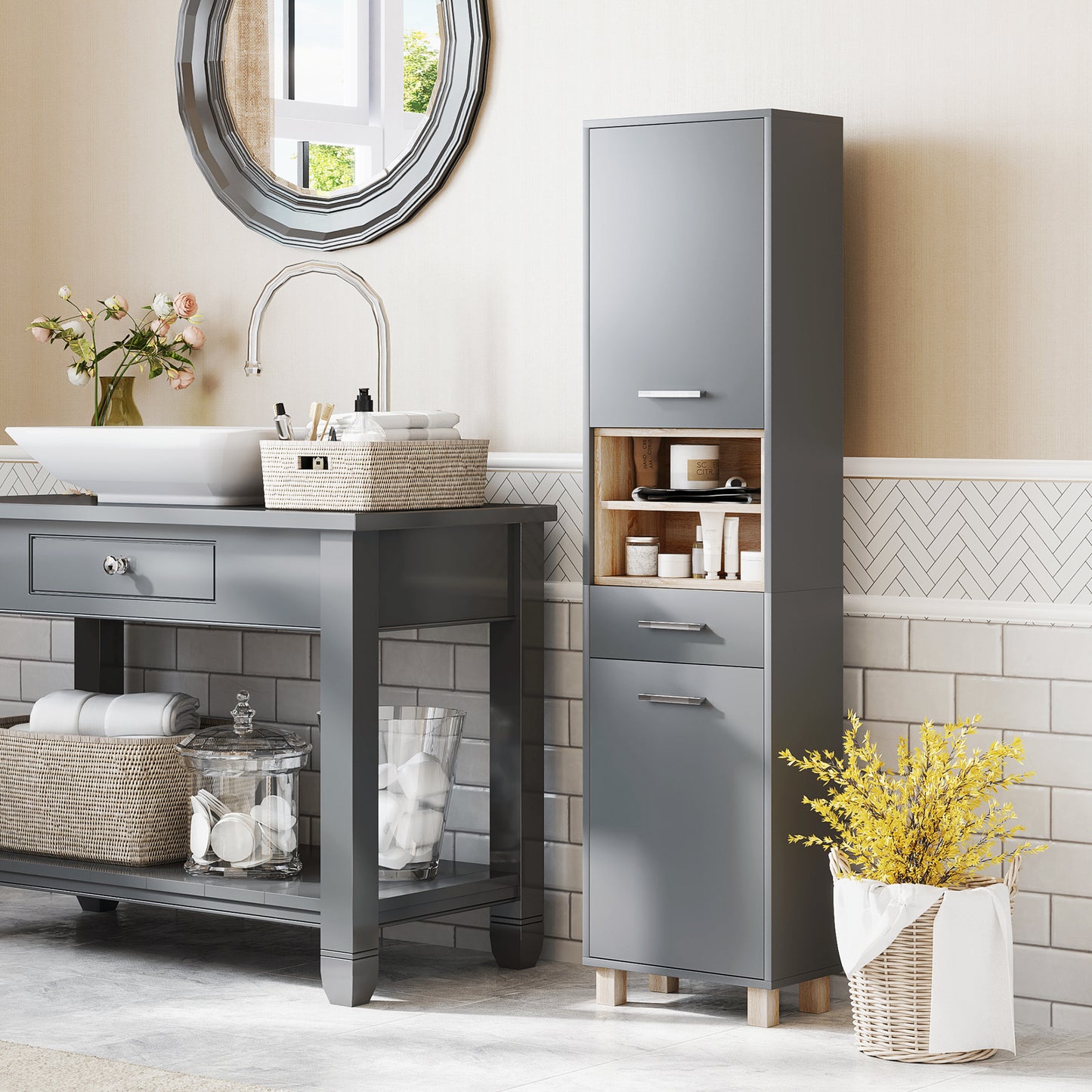 Modern Bathroom Column with Drawer and Cabinets in Wood and Aluminium Alloy, 40x24x160 cm, Grey