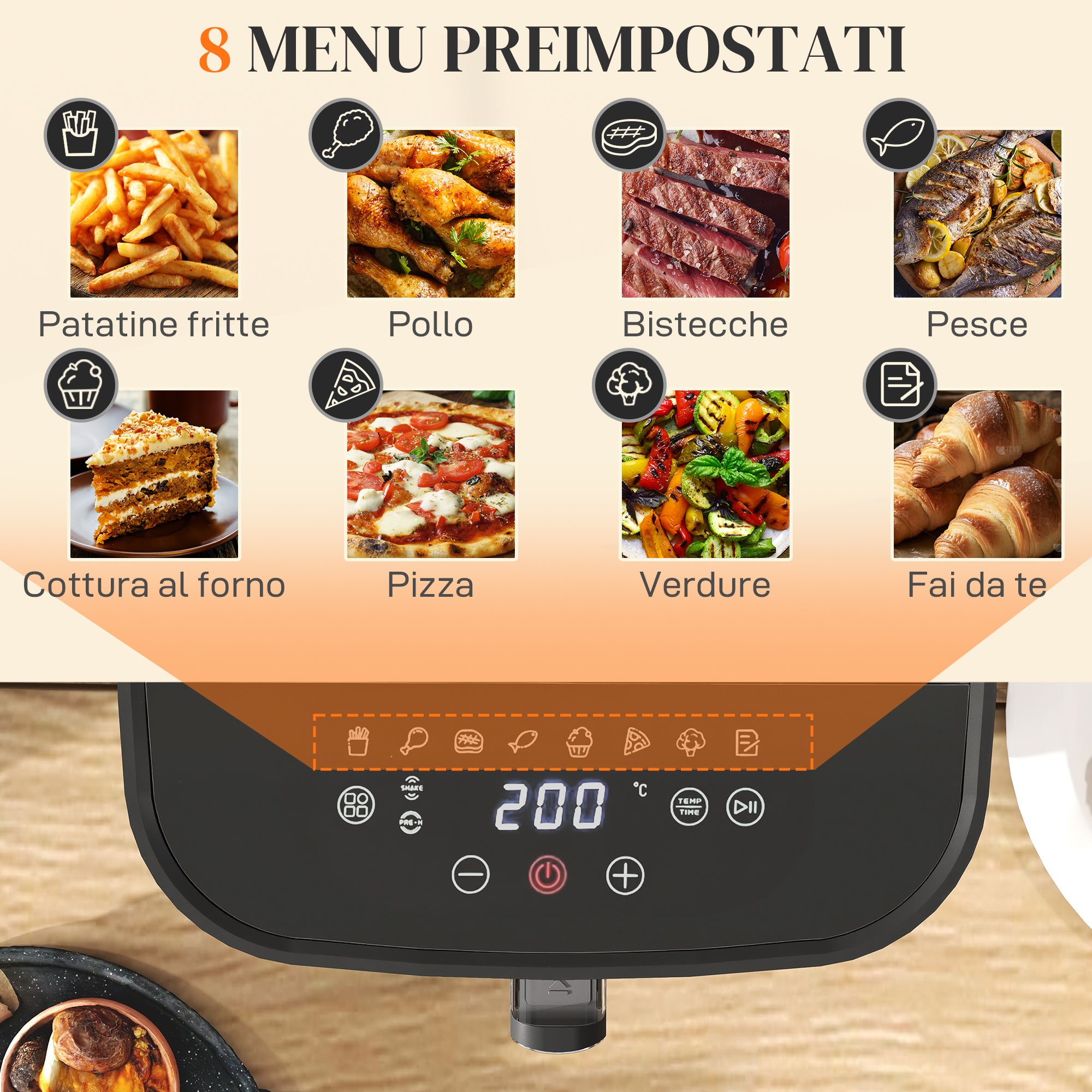 8L Air Fryer, 1700W Air Fryer with 8 Programs and 360° Hot Air Circulation, LED Display, Black