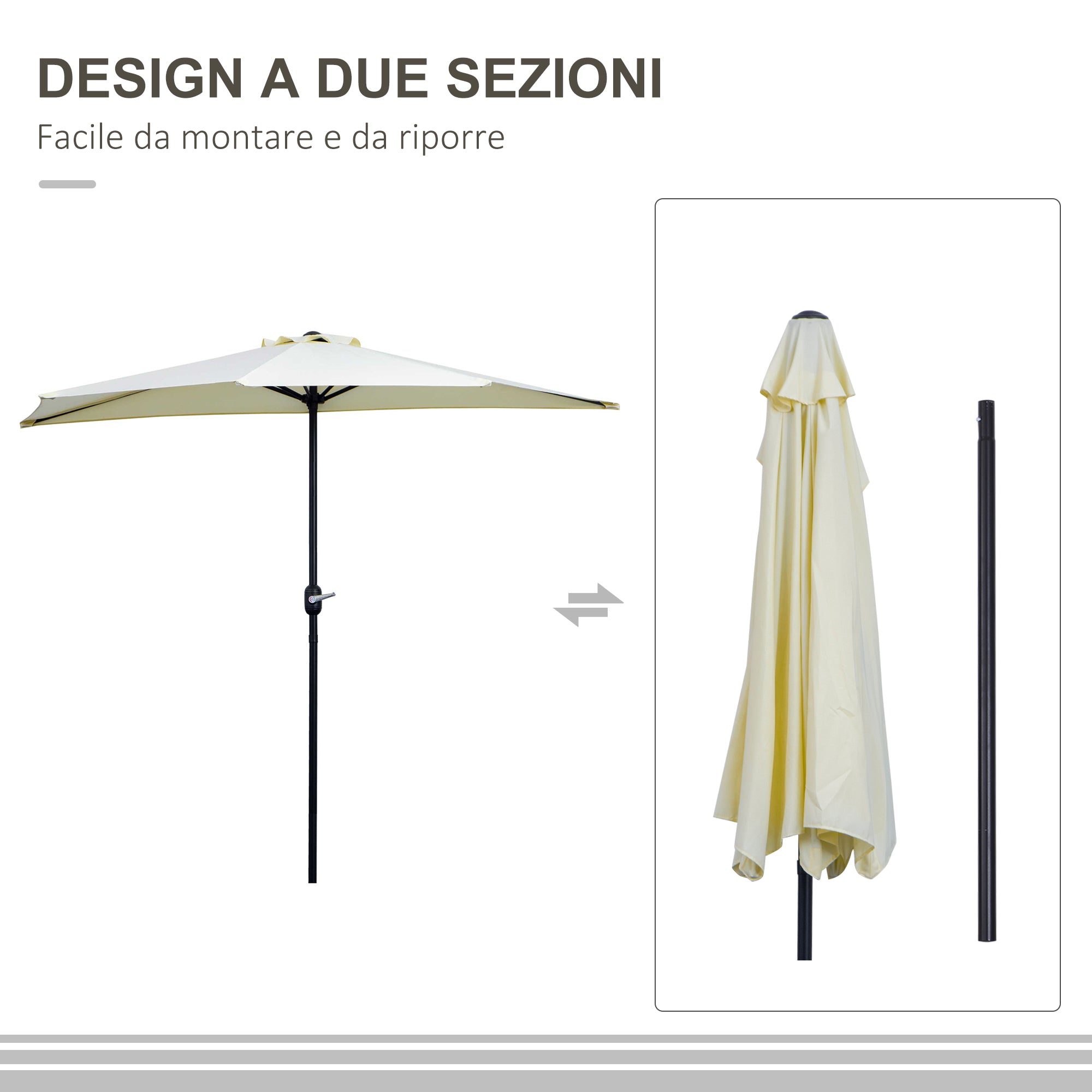 Crescent Terrace Umbrella with Crank Opening and 2 Section Pole, 2.6x1.35 m, Beige