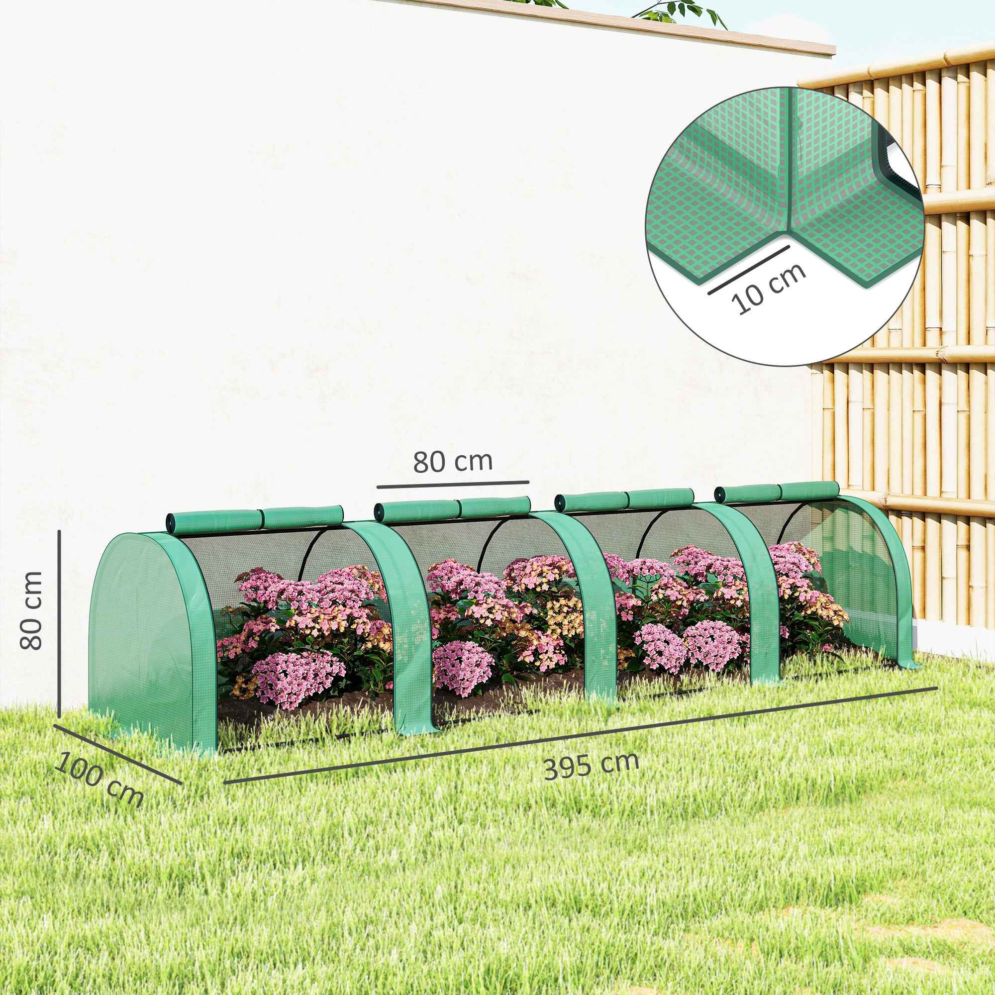 Outsunny Waterproof Anti-UV Steel and Plastic Tunnel Greenhouse with 4 Doors, 395x100x80 cm, Green