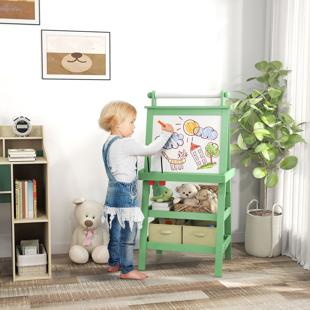 3-in-1 Children's Easel Blackboard, Paper Roll and 2 Containers, Wooden, 59x48x118 cm, Green