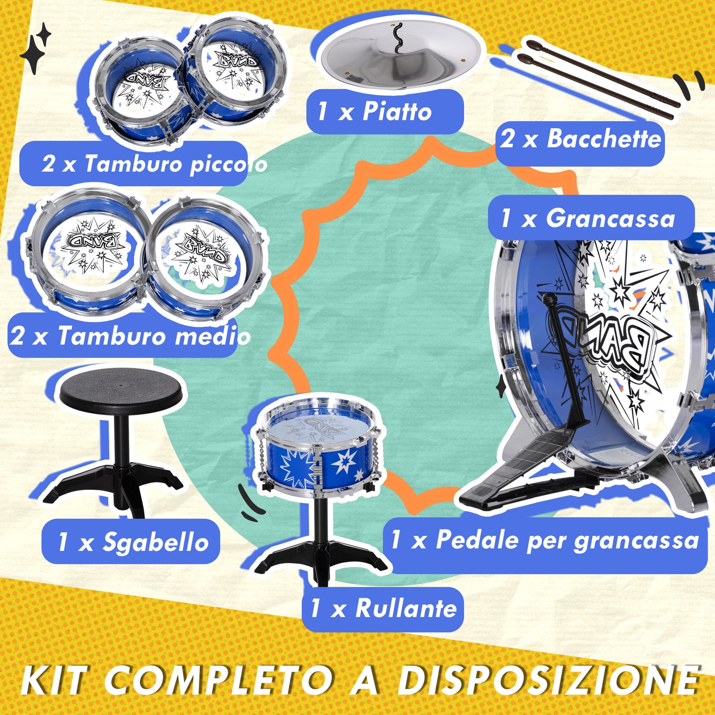 Kids Drum Set with Bass Drum with Pedal, Drums, Cymbal and Stool, Ages 3-6 Years, Blue