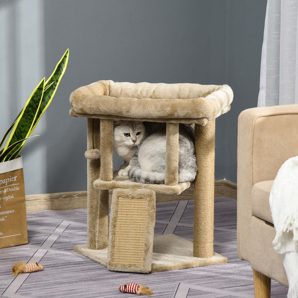 Plush Cat Tree with Cat House and Bed, Jute Scratching Post and Ball, Brown