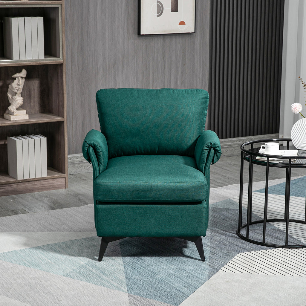 Furnishing armchair in breathable linen-effect fabric with rolled armrests, 63x71x83 cm, green - Borgè