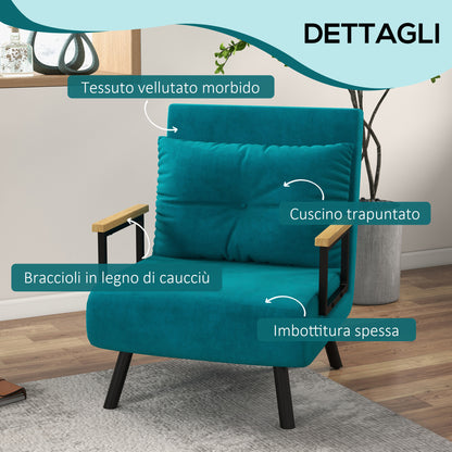 Velvet Turquoise  3 in 1 Sofa Bed with 5-Position Reclining Backrest and Cushion, 63x73x81 cm, Turquoise