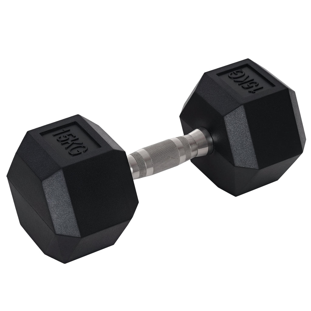 15 kg Hexagonal Dumbbell with Non-Slip Grip, Steel and Rubber, Ø15.5 x 33.6 cm, Black