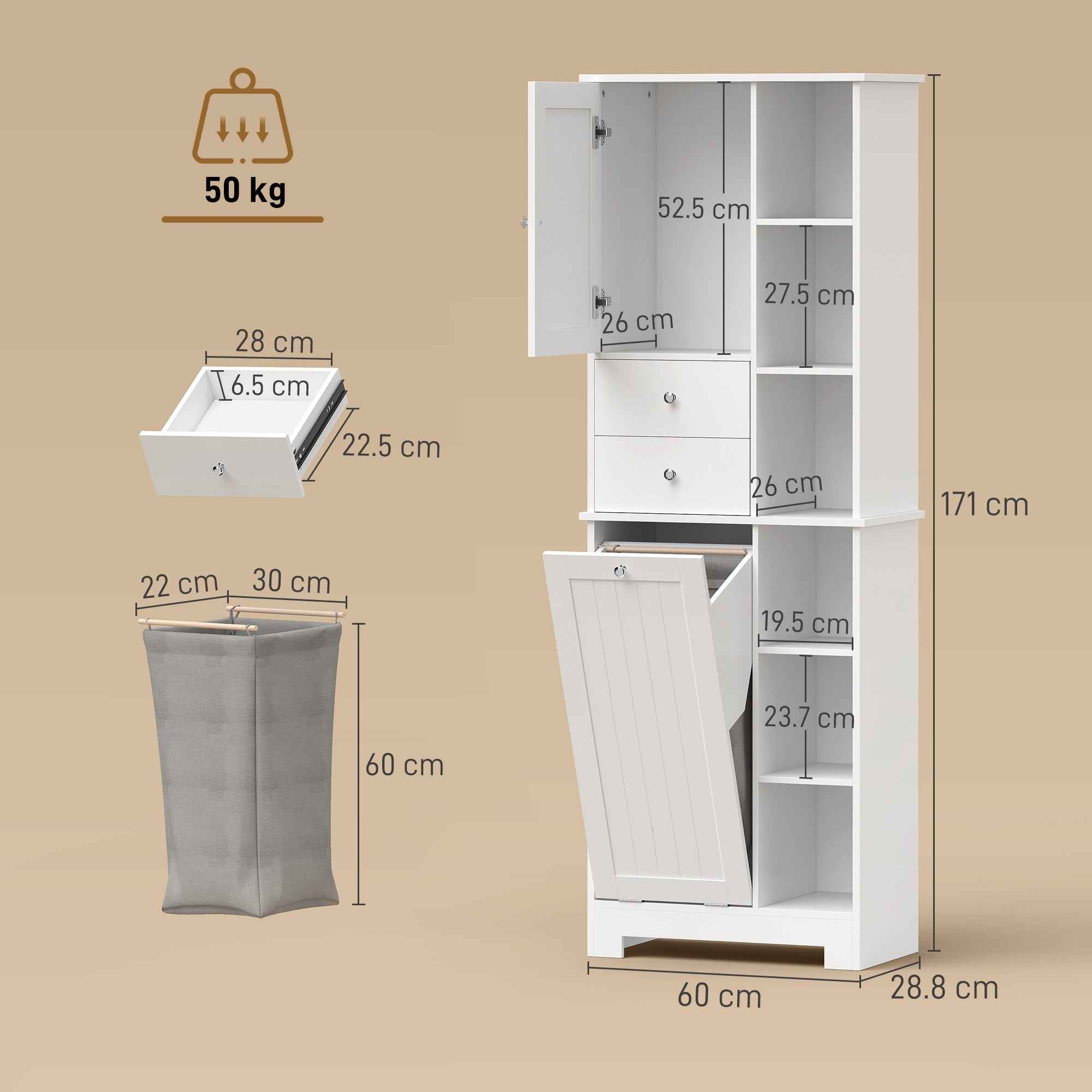 HOMCOM White Bathroom Cabinet, Tiltable Laundry Basket, Drawers