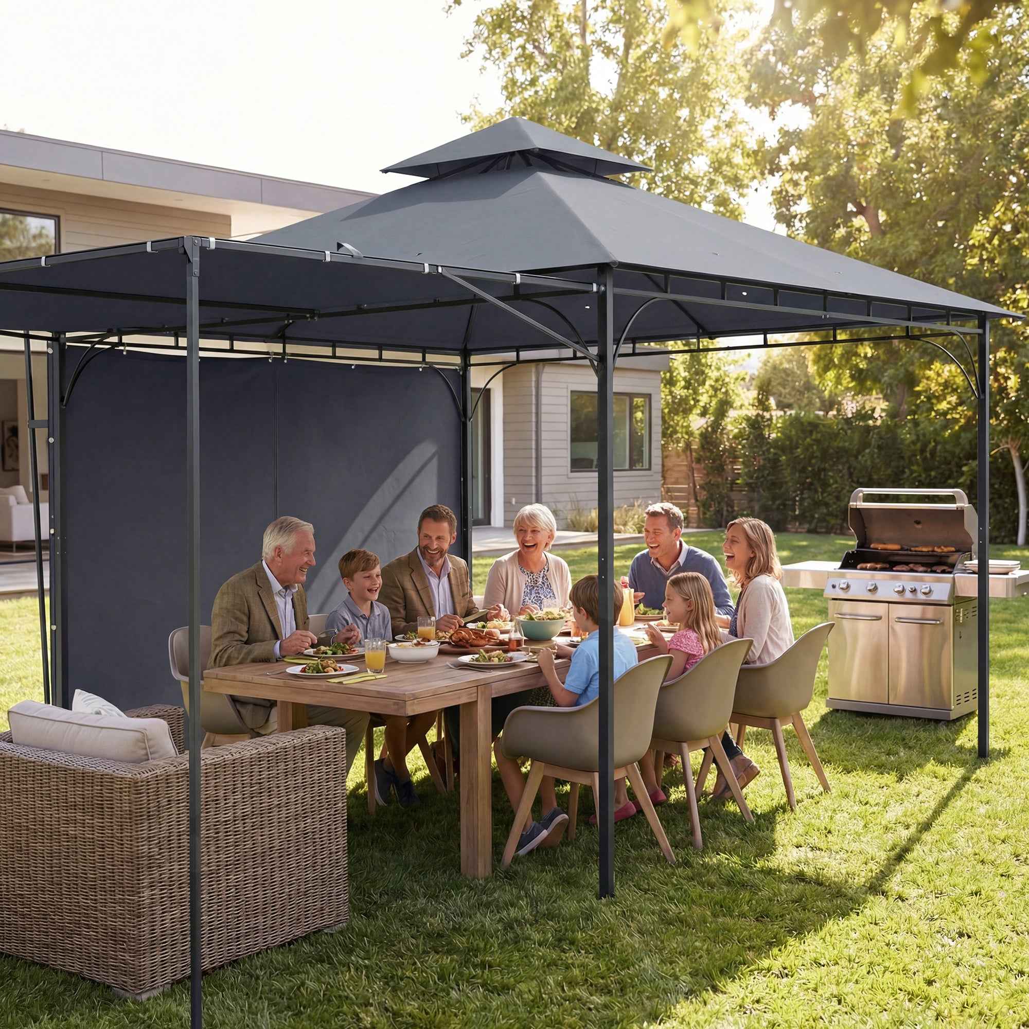 Outsunny Garden Gazebo with Extendable Roof and Drainage Holes, Metal and Polyester, 3.2x3.2 m, Dark Grey
