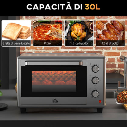 30L Electric Oven with 3 Cooking Functions, Adjustable Temperature and Timer, 1600W, Silver