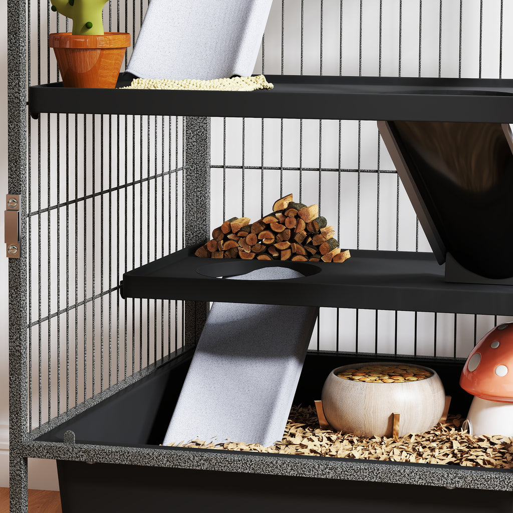 4 Level Small Animal Cage with Ramps, Platforms, Hammock and Wheels, 52x52x115 cm, Grey