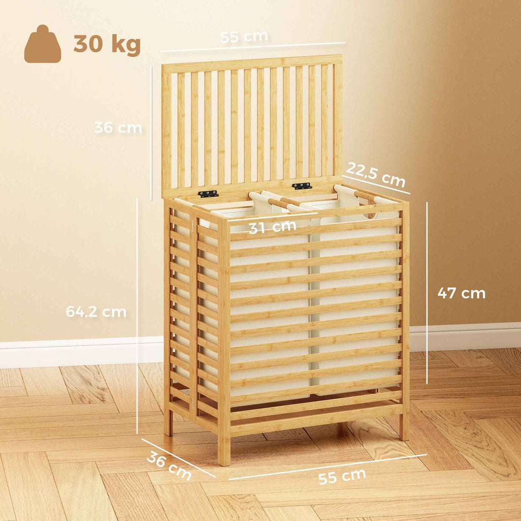 HOMCOM 64L Bamboo Laundry Hamper with Lid, 2 Removable and Washable Oxford Fabric Bags, Wood Color