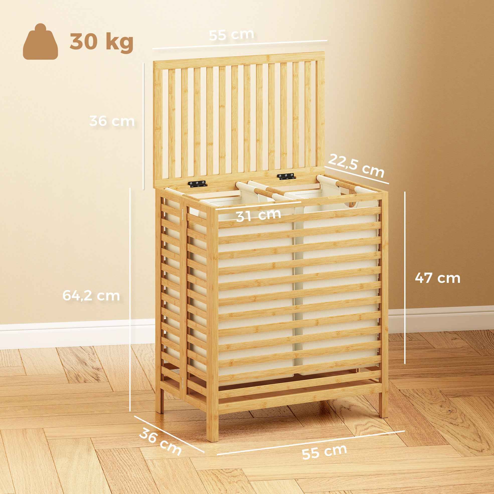 HOMCOM 64L Bamboo Laundry Hamper with Lid, 2 Removable and Washable Oxford Fabric Bags, Wood Color