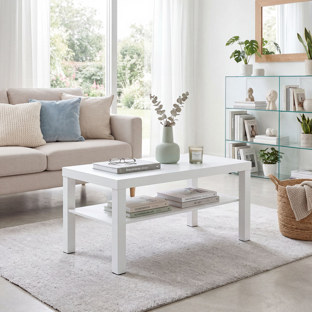 HOMCOM Rectangular Coffee Table with Large Shelf, 90×45×44.5 cm, White