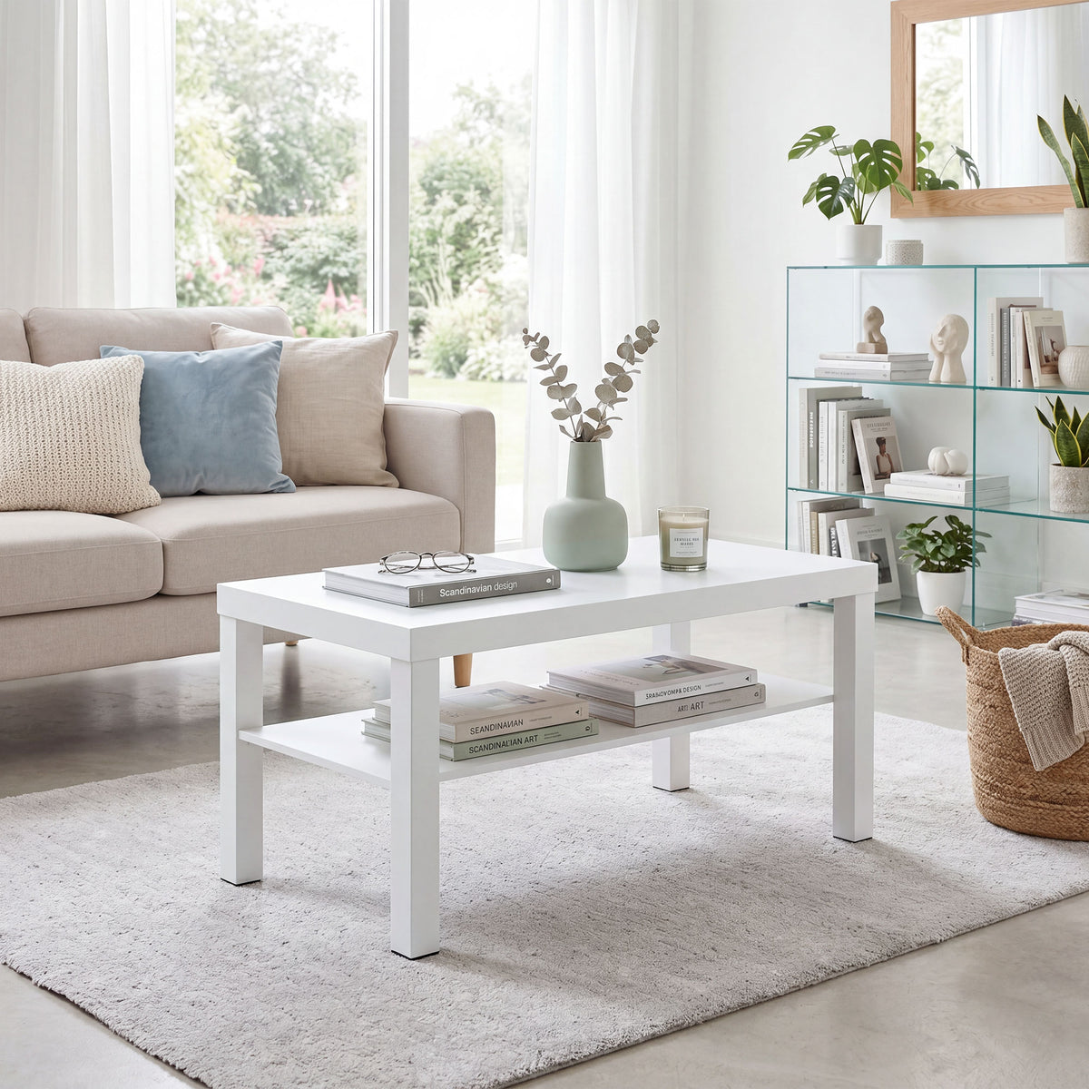 HOMCOM Rectangular Coffee Table with Large Shelf, 90×45×44.5 cm, White
