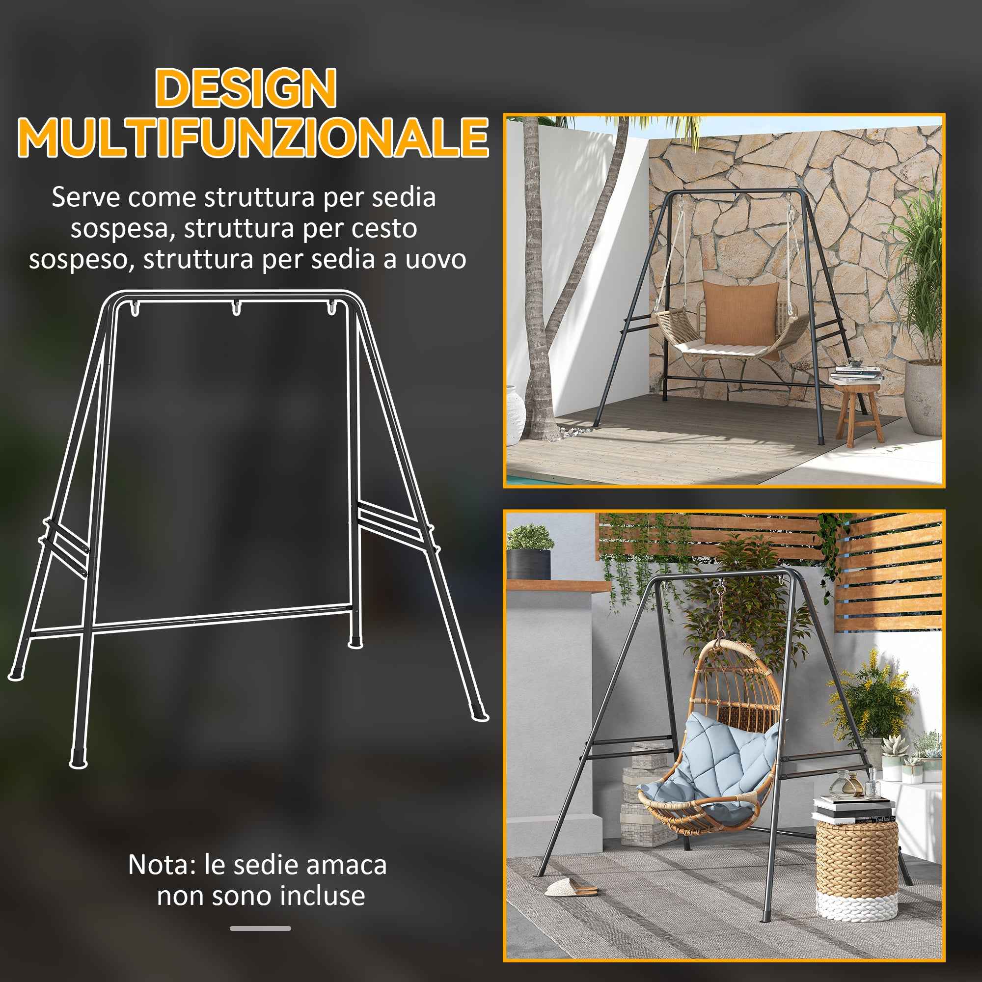 Outsunny Steel Hammock and Egg Chair Stand with A-Shaped Legs and Single and Double Hooks, 178 x 143 x 180 cm, Black