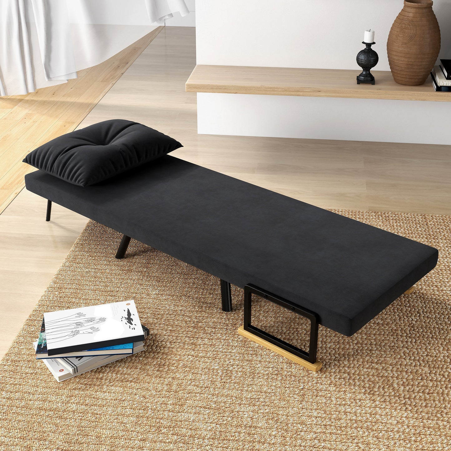 Velvet Black, 3 in 1 Sofa Bed with 5-Position Reclining Backrest and Cushion, 63x73x81 cm, Black