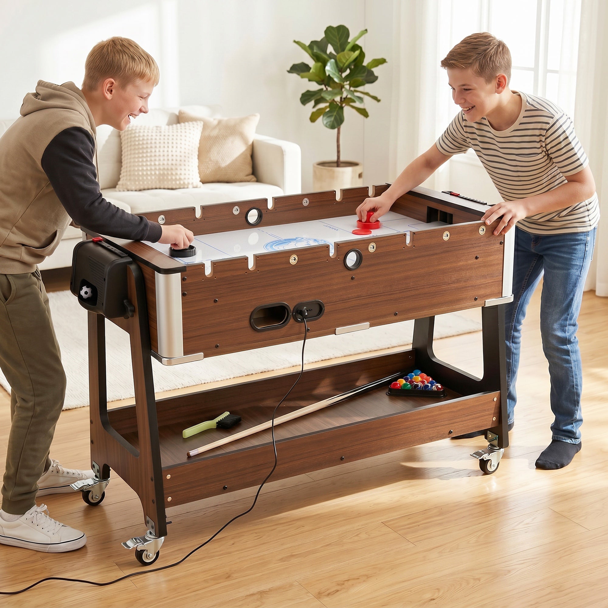 SPORTNOW 3-in-1 Table: Air Hockey, Pool Table, Table Football, Lockable Wheels, Shelf
