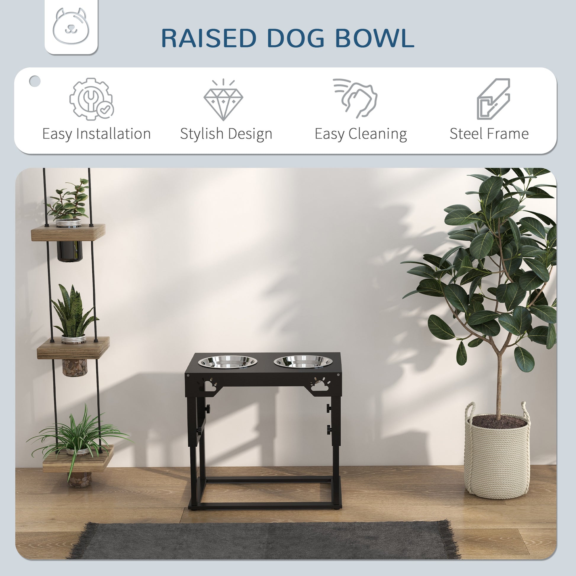 PAWHUT Portaciotole for dogs 44x27x51 cm at 7 adjustable heights with 2 raised bowls Ø19x6 cm, in black steel - Borgè