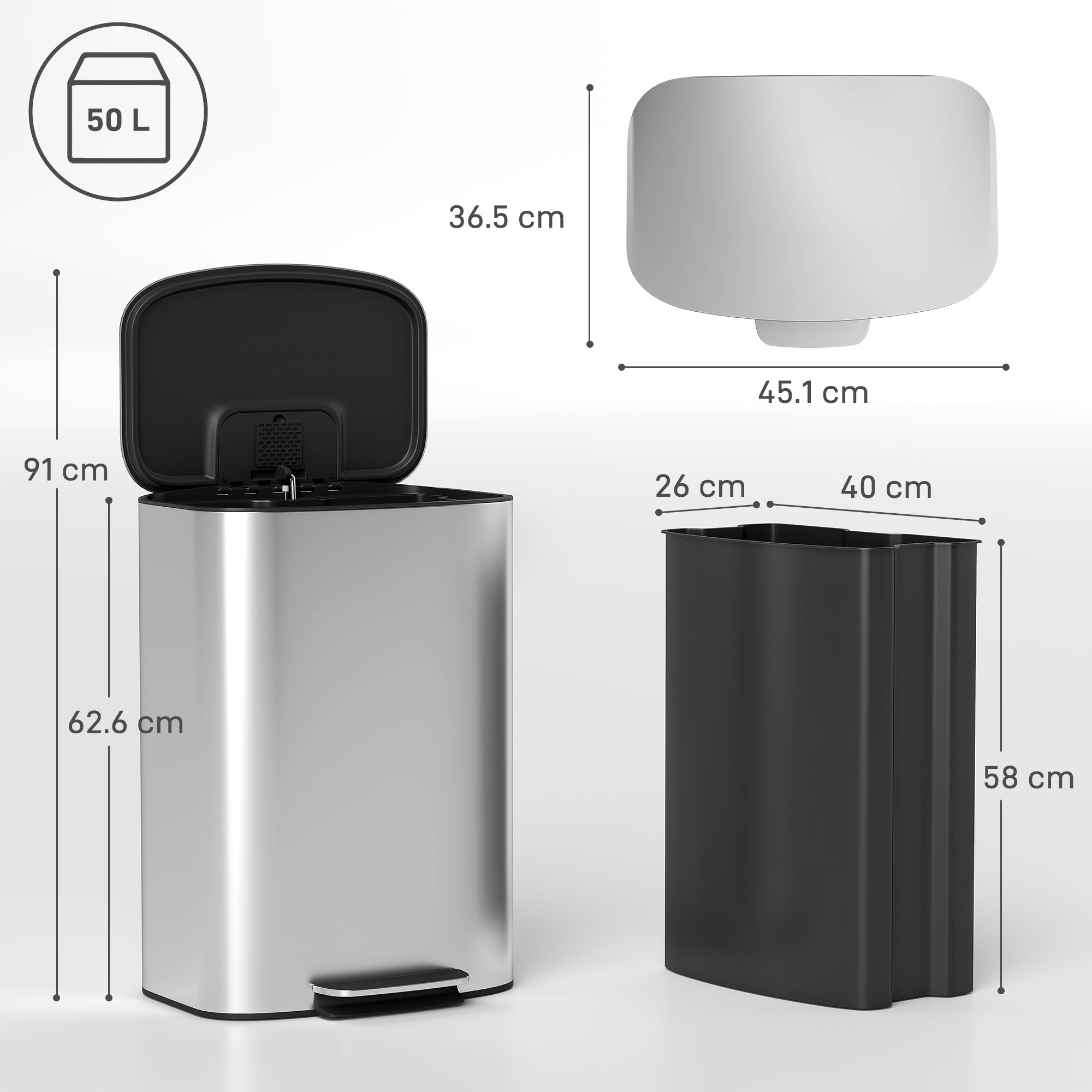 50L Pedal Bin with Soft-Close Lid, 90° Opening and Removable Bucket, Stainless Steel, Grey
