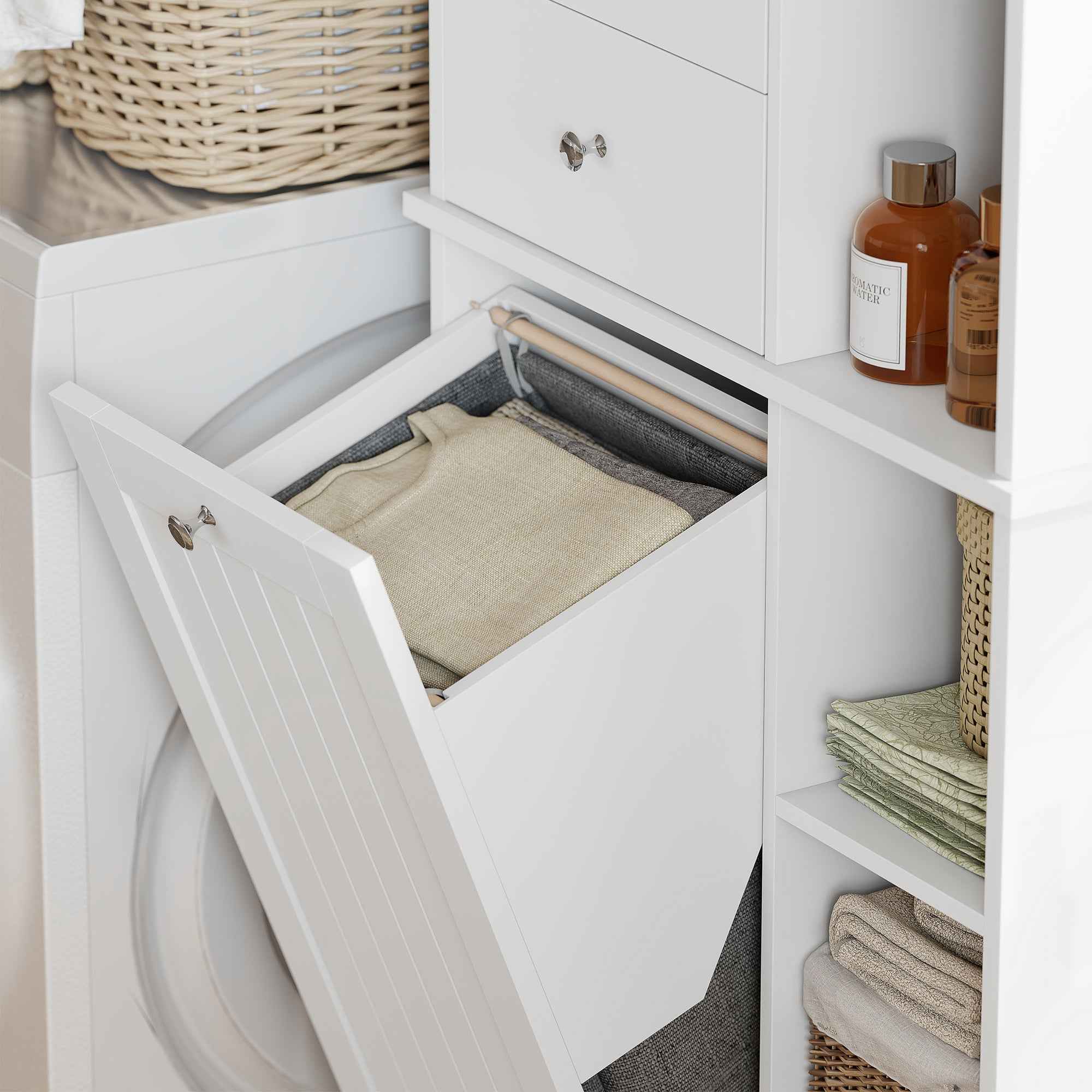 HOMCOM White Bathroom Cabinet, Tiltable Laundry Basket, Drawers