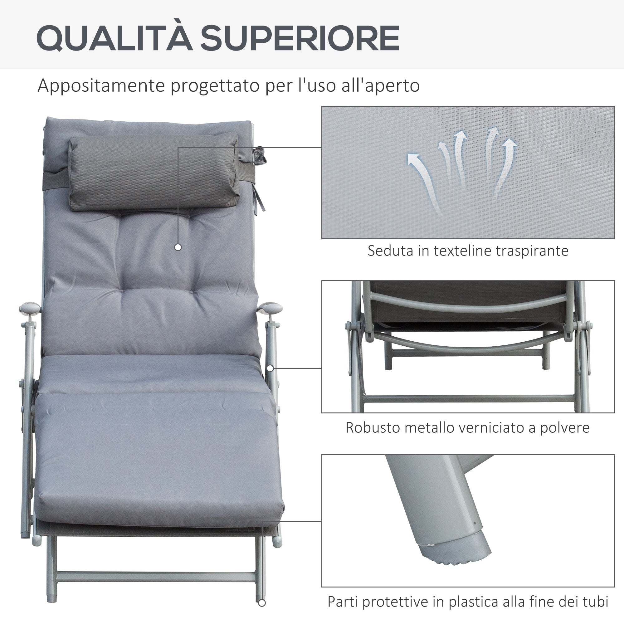 Folding Garden Lounger with Mattress and Cushion, 7-Reclining Backrest, 137x63.5x100.5cm, Grey