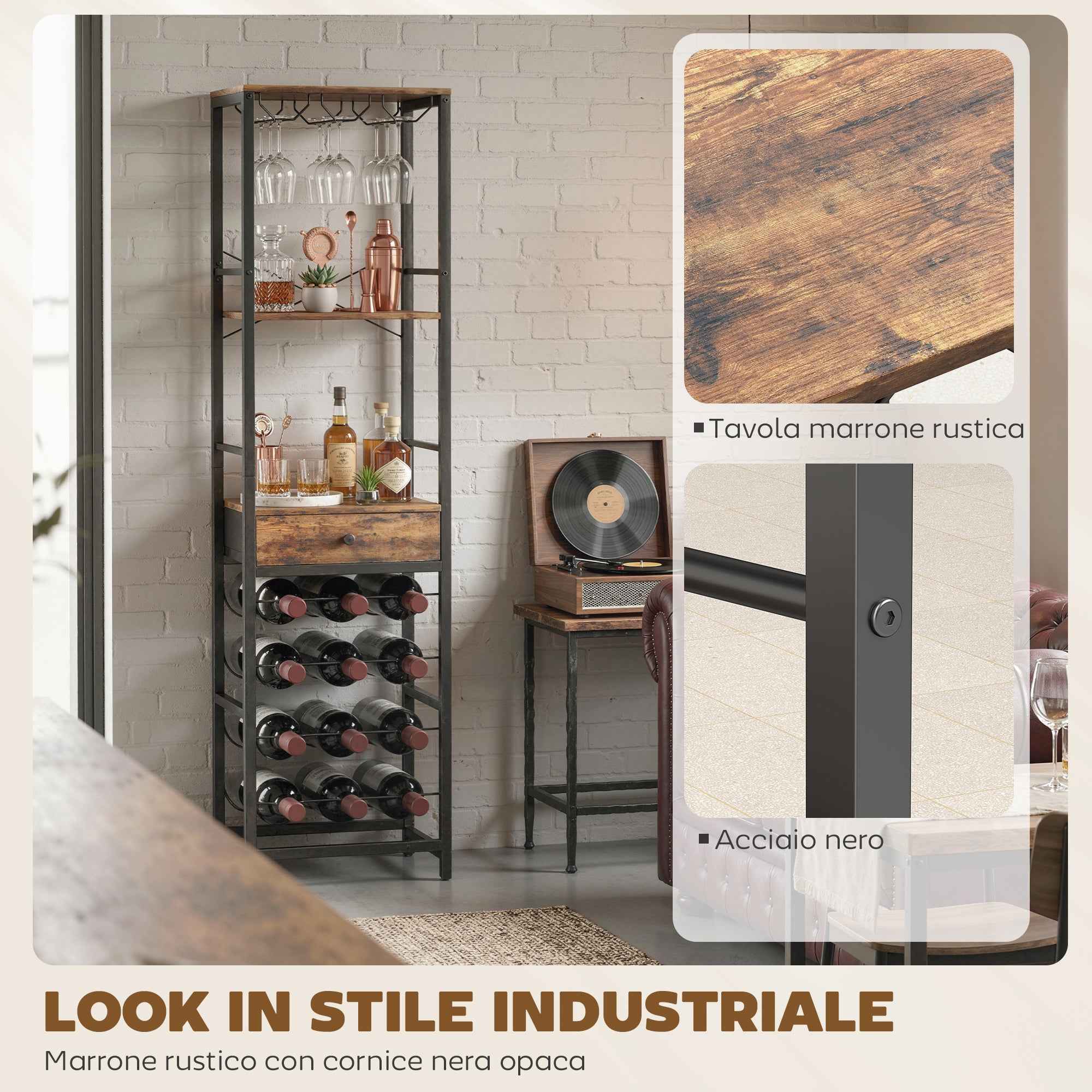 HOMCOM Mobile Bar, Bar Cabinet with Drawer, Cup Holder, Rustic Brown