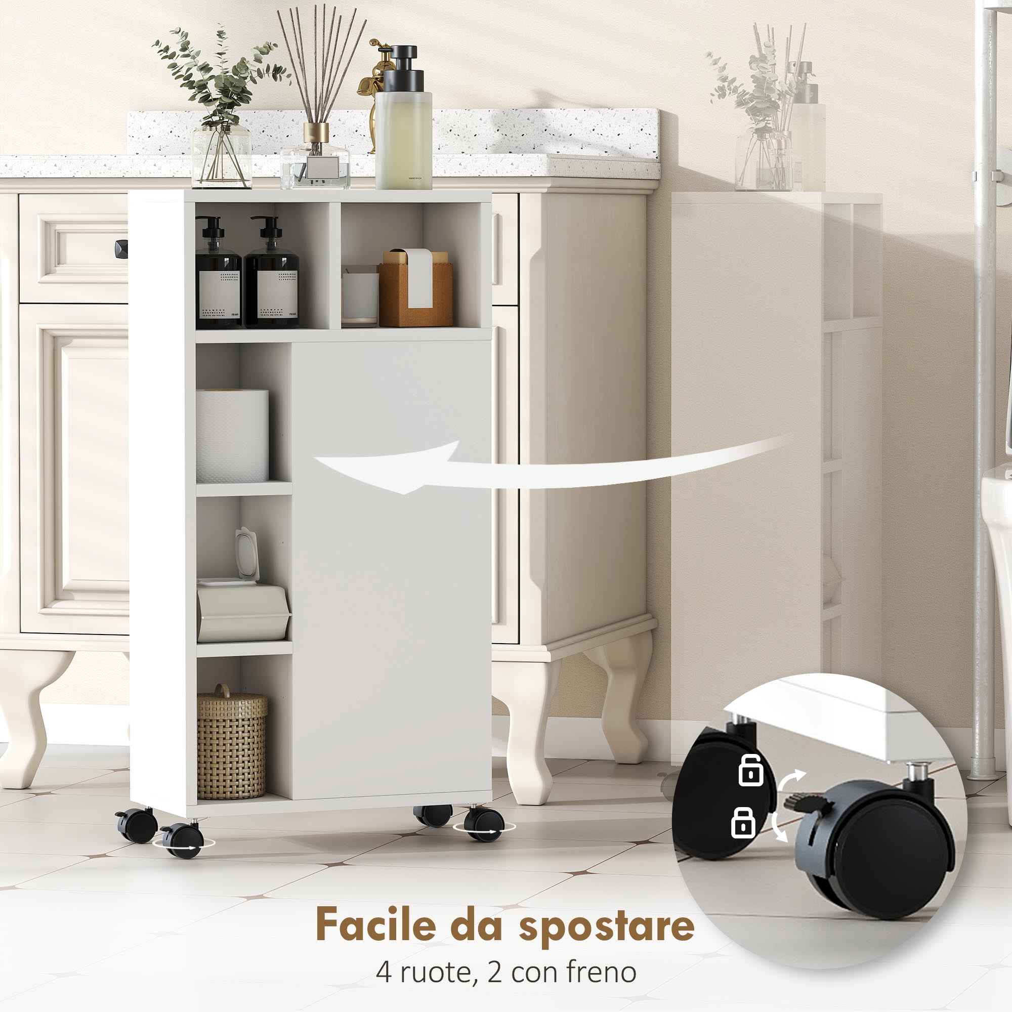 HOMCOM Space-Saving Bathroom Cabinet with Wheels, 3 Drawers and 5 Compartments with Adjustable Shelves, 20x40x80 cm, White