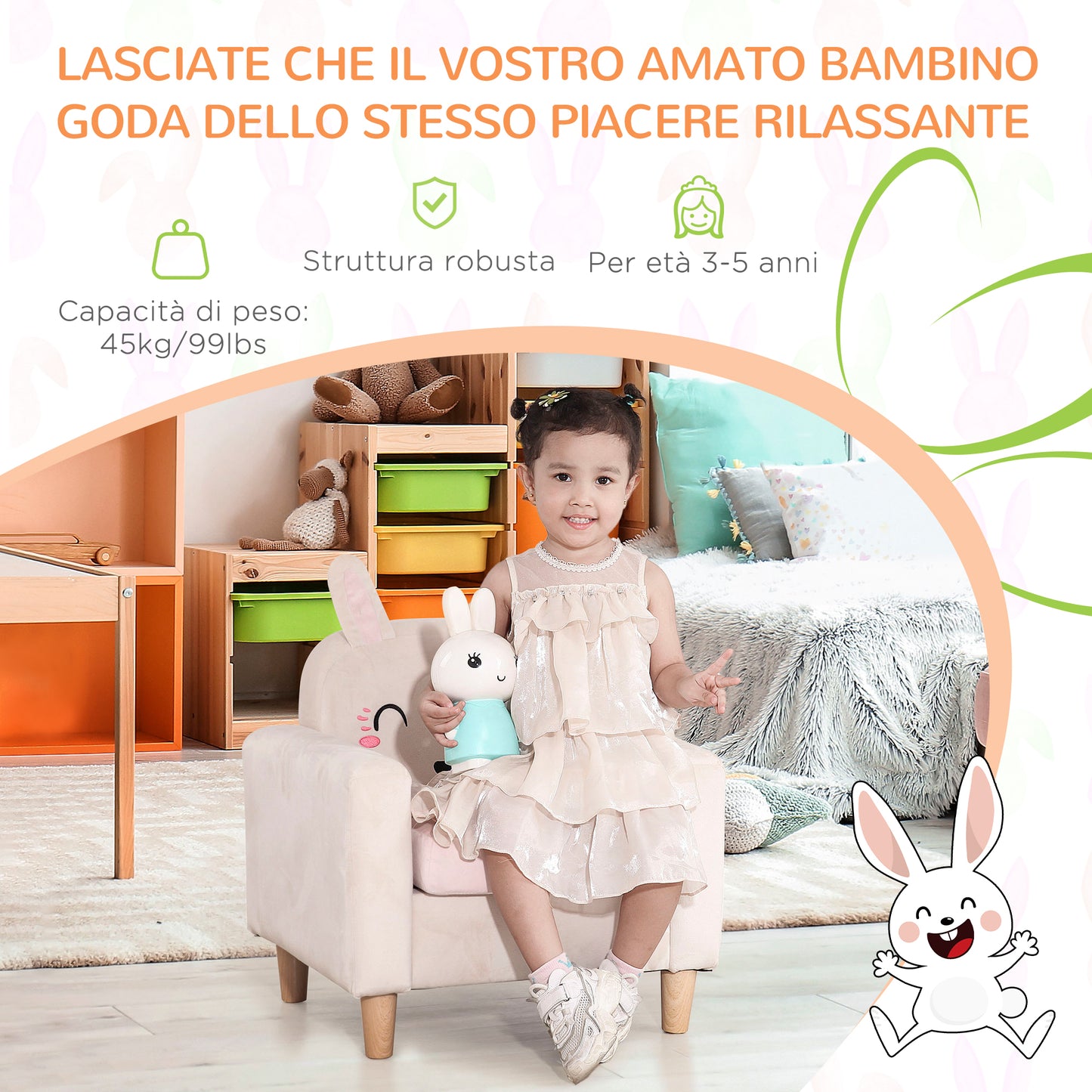 HOMCOM Children's Armchair with Rabbit Design and Wooden Legs, 53x47x54.5 cm, Cream