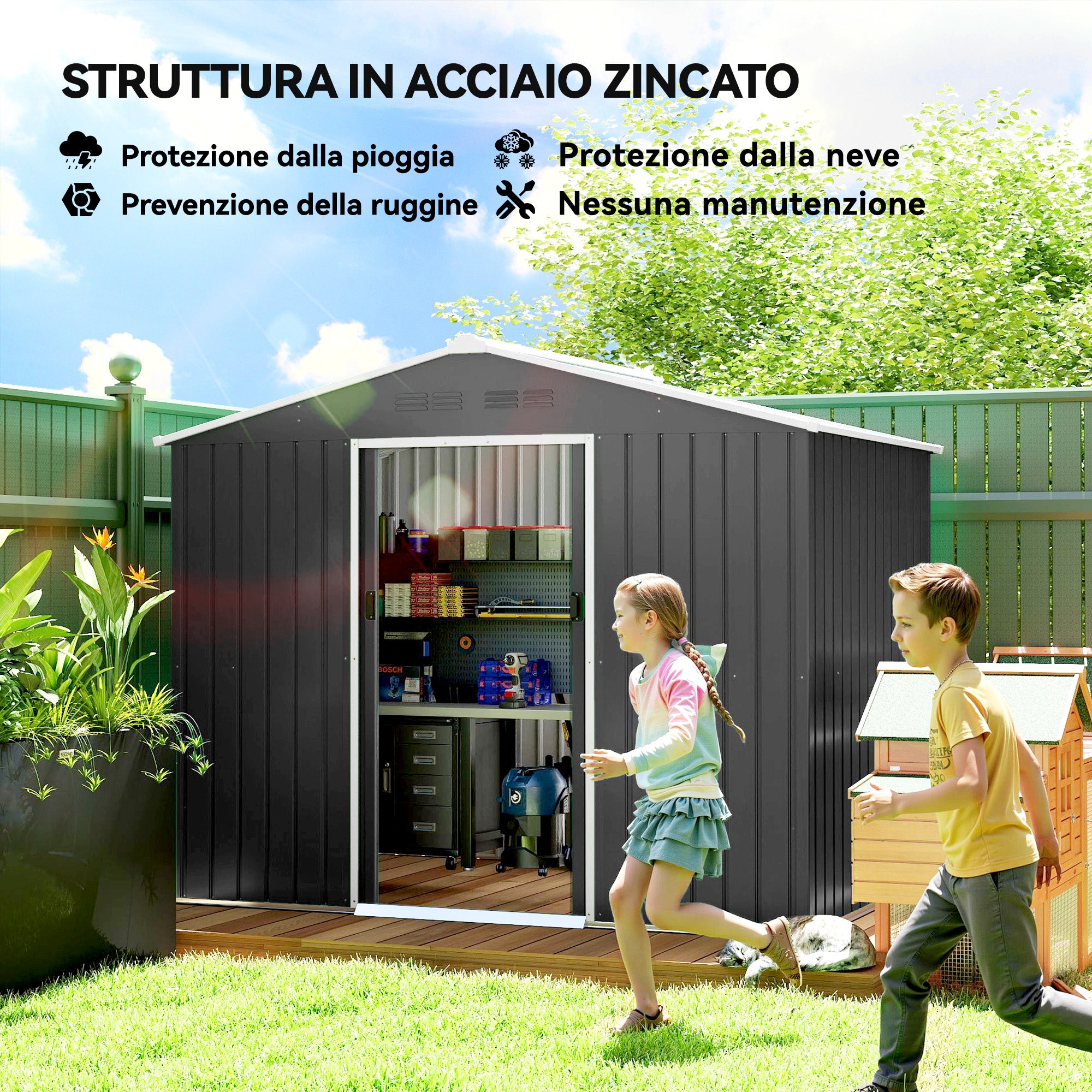 Outsunny 2.3x1.7 m Steel Garden Shed with Air Vents and Double Sliding Door, Dark Grey