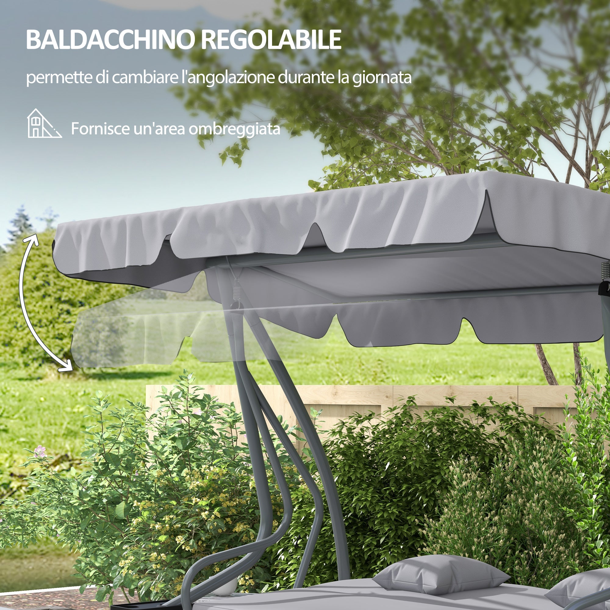 Swing Garden Bed with Adjustable Canopy and Trays, in Steel and Polyester, 200x120x164 cm, Gray - Borgè