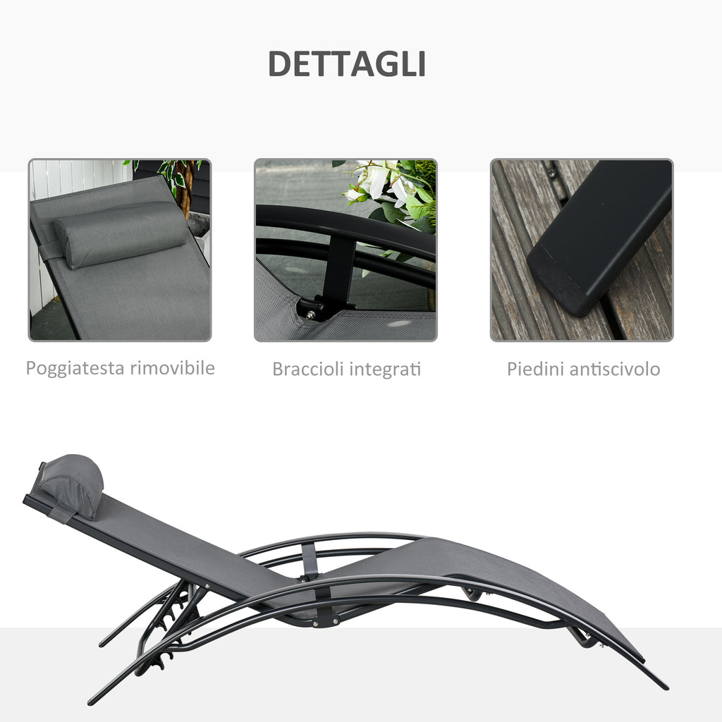 5-Level Reclining Garden Lounger with Removable Cushion, Aluminum and Texteline, 171x64x82cm Gray