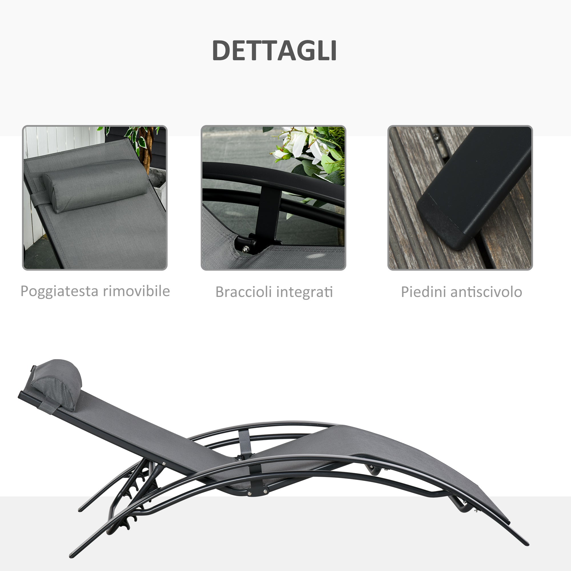 5-Level Reclining Garden Lounger with Removable Cushion, Aluminum and Texteline, 171x64x82cm Gray