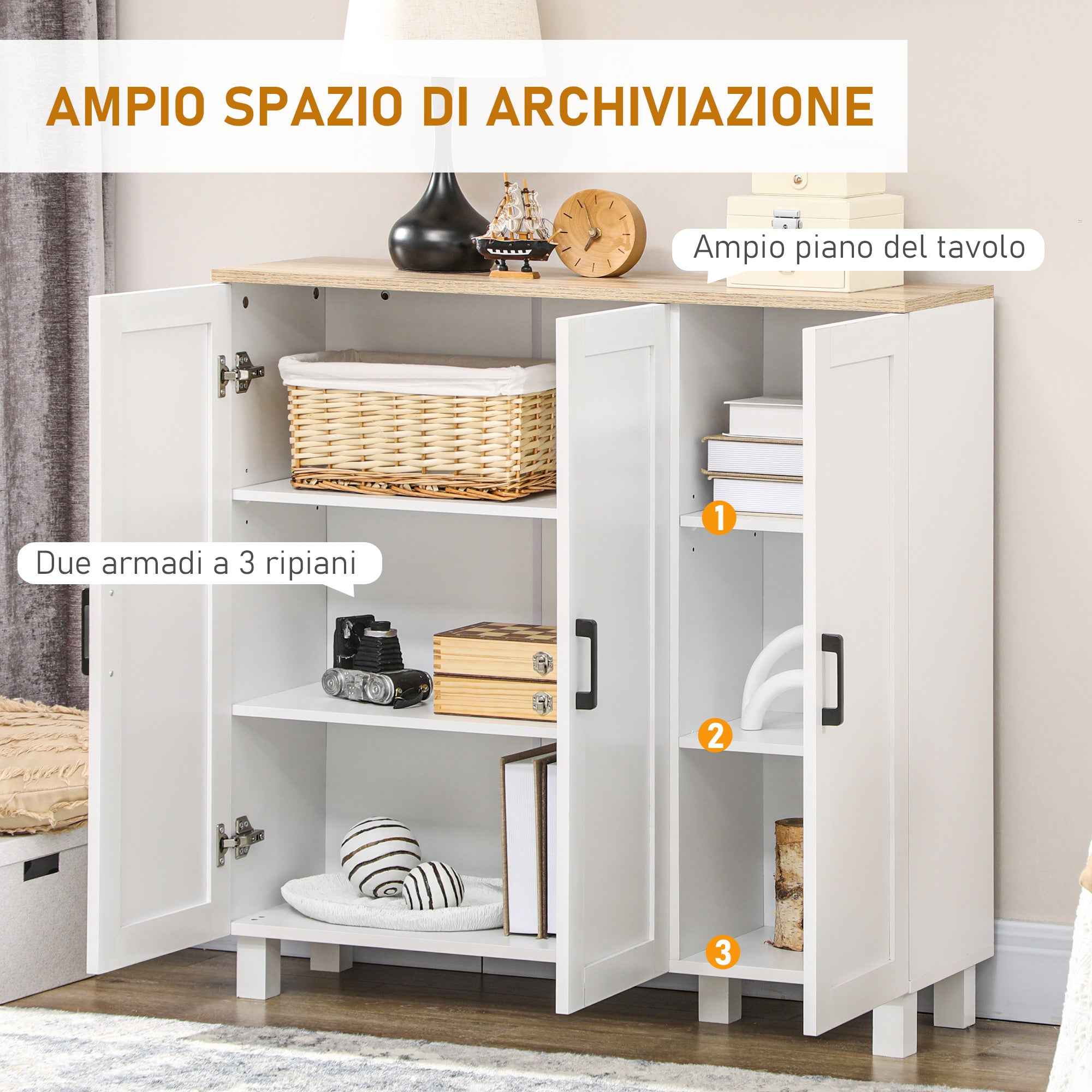 HOMCOM 3-Door Wooden Kitchen Sideboard, Adjustable Shelves, Nordic Minimalist Style, 90x30x90cm, White