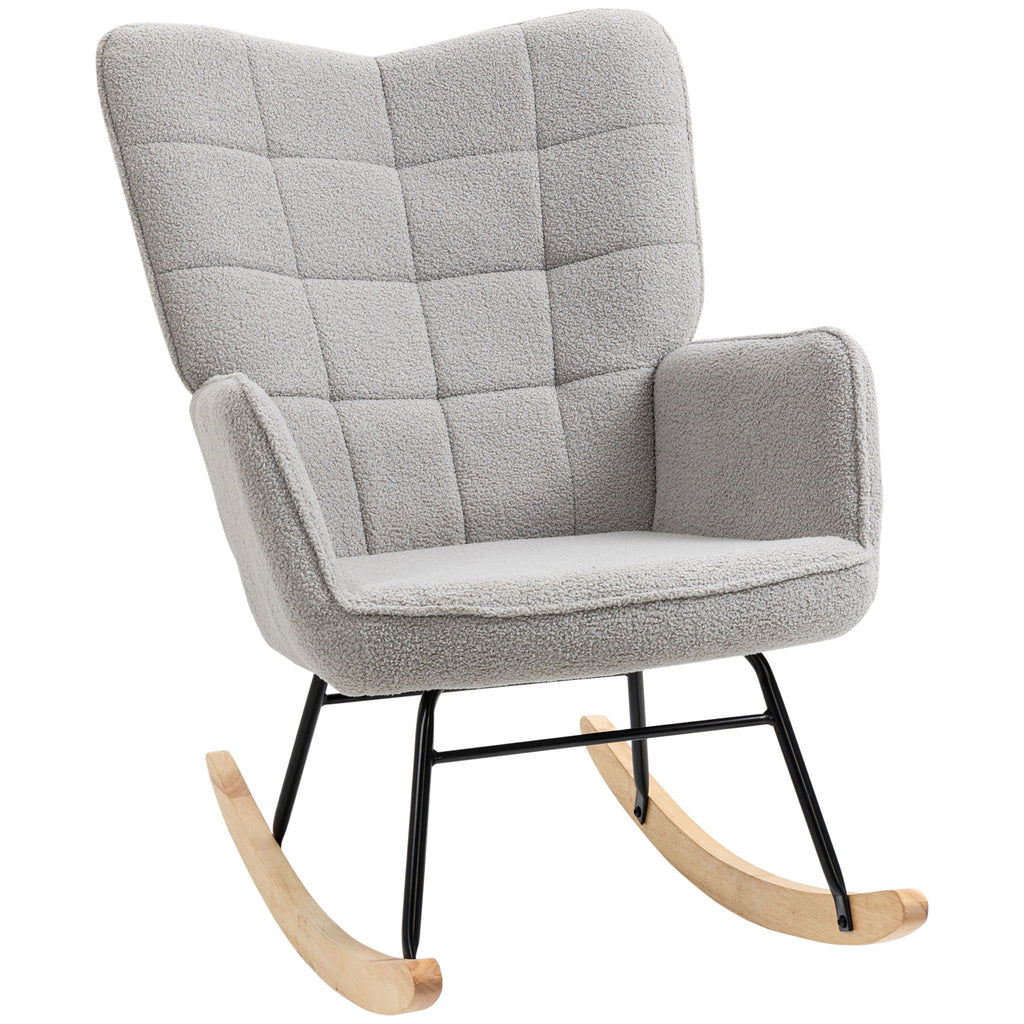 Upholstered Rocking Chair in Wood and Steel with Bouclé Upholstery, 71x98x101 cm, Grey