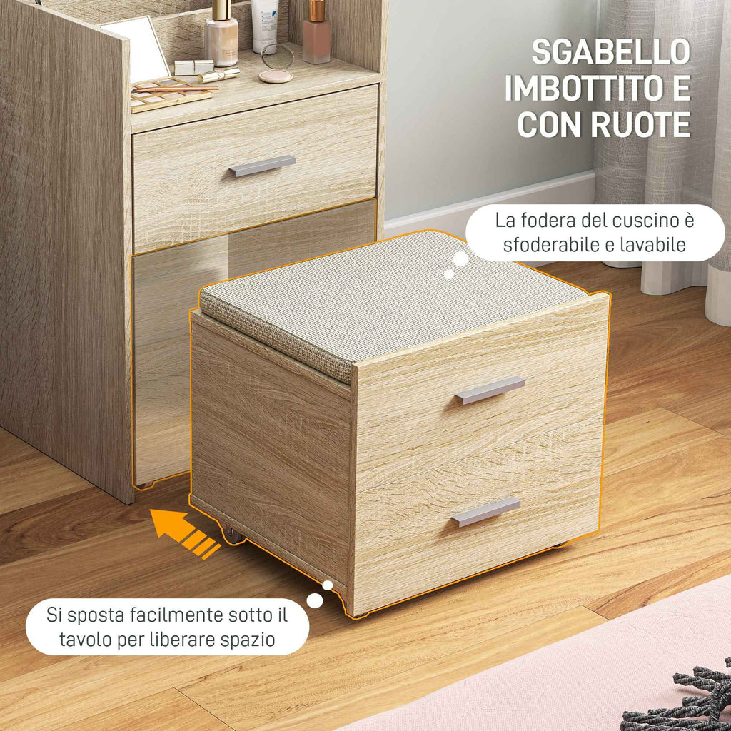 Dressing Table with Folding Mirror, Drawers and Stool, in Wood and Linen Effect Fabric, Wood Color