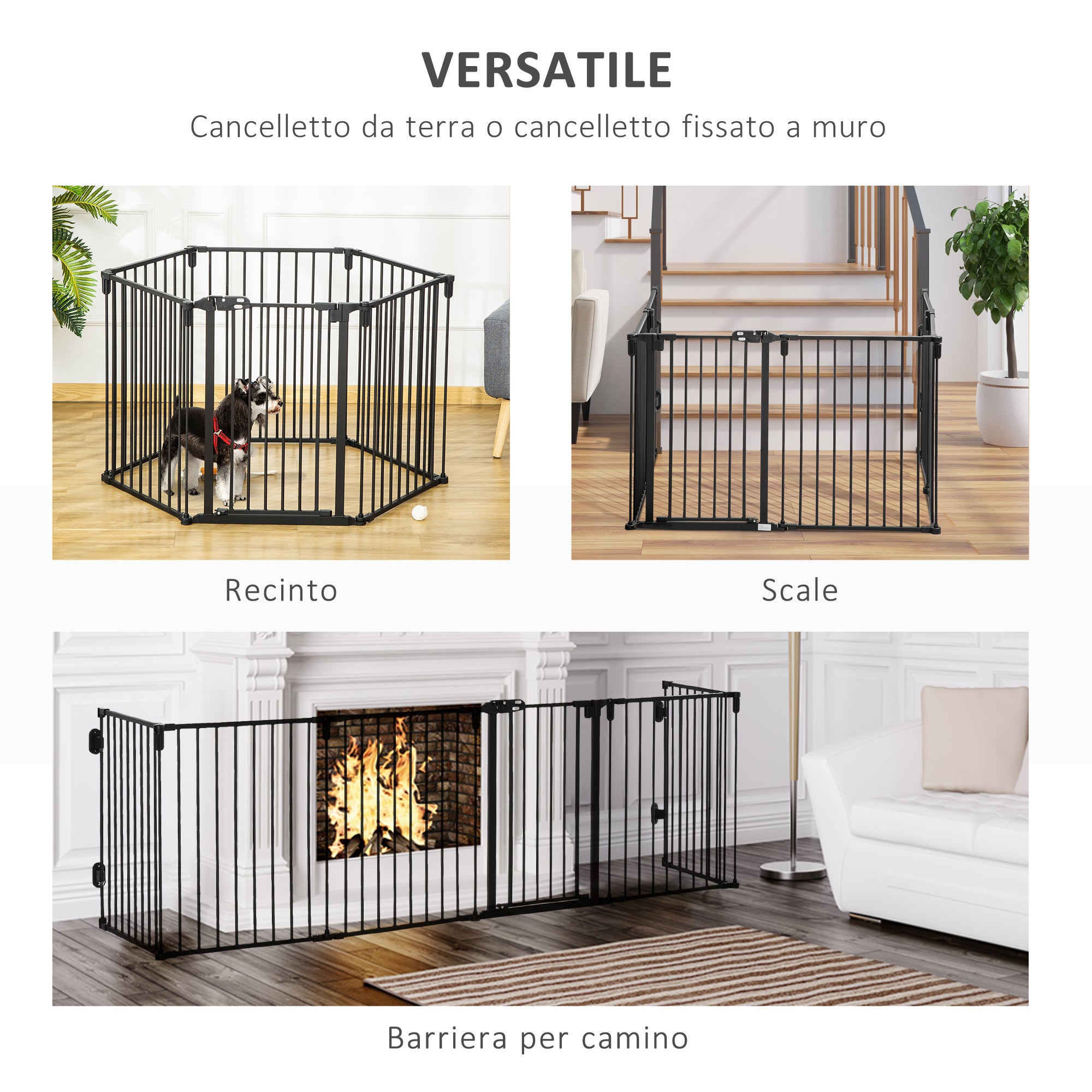 Folding Safety Gate 6 Sections, Steel Dog Barrier Gate, Automatic Locking and Closing System, Black - Borgè