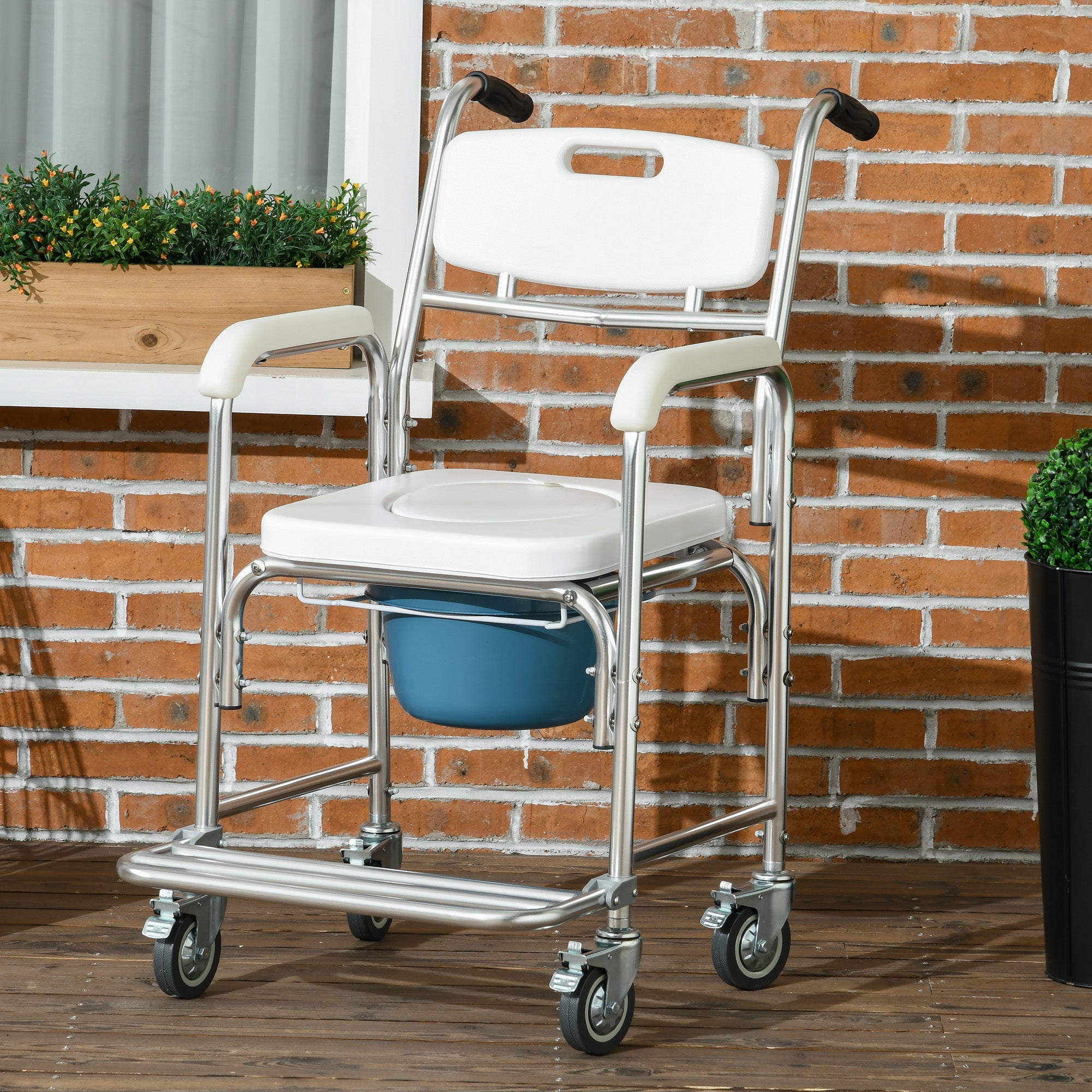 3-in-1 Commode Chair with Wheels for the Elderly, Aluminum Toilet Seat with Removable Bucket, White