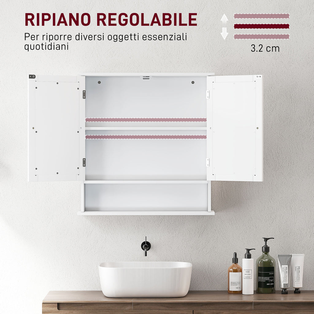 kleankin Wall-Mounted Bathroom Cabinet with 2 Mirrored Doors and Open Shelf, 56x13x58 cm, White