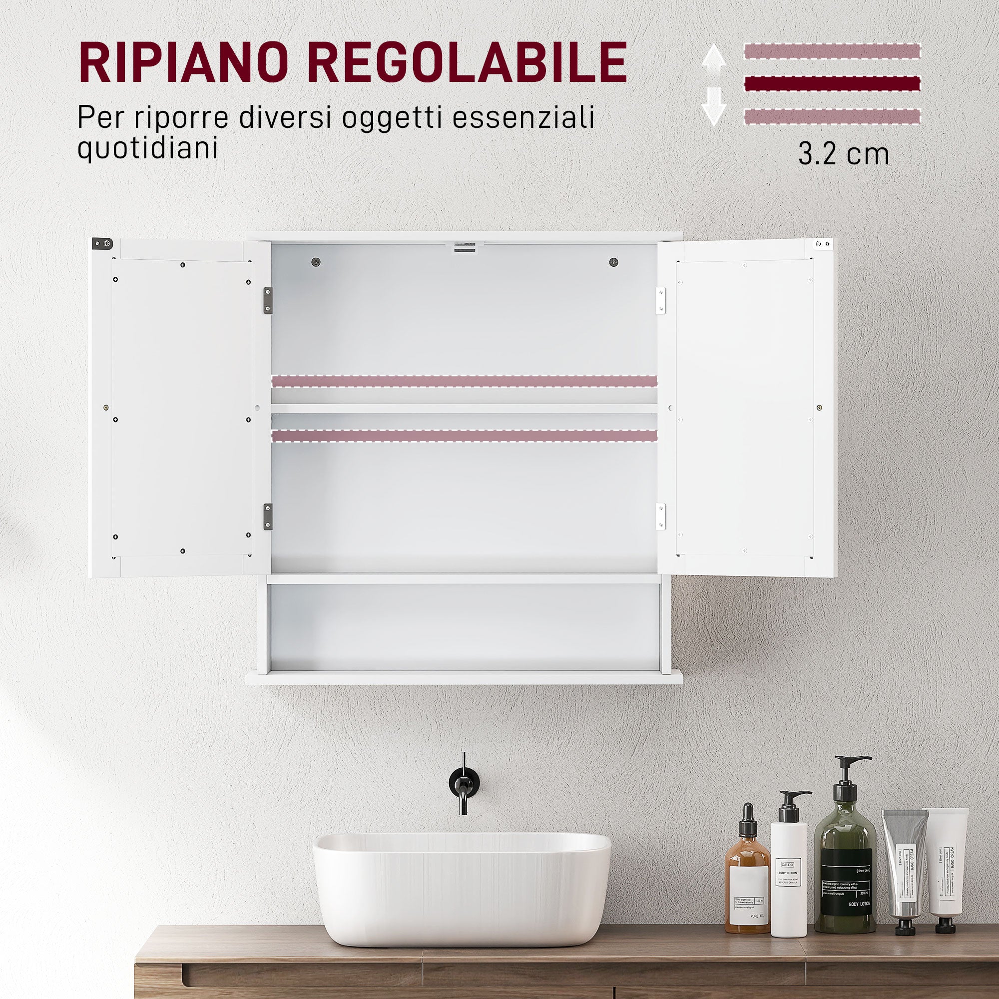 kleankin Wall-Mounted Bathroom Cabinet with 2 Mirrored Doors and Open Shelf, 56x13x58 cm, White