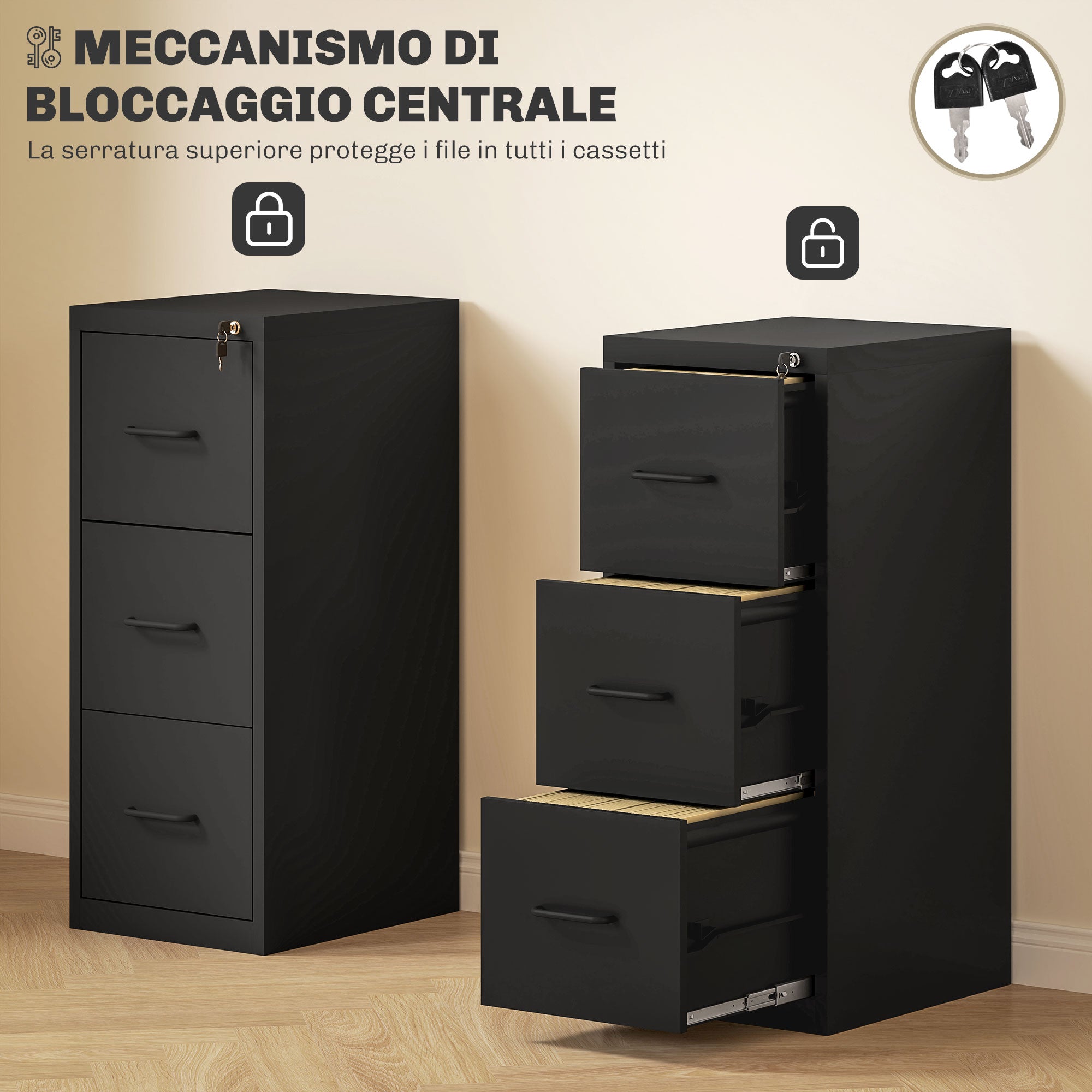 Minimal 3-Drawer Document Cabinet with Adjustable Bar, Steel, 36.5x46.2x99 cm, Black