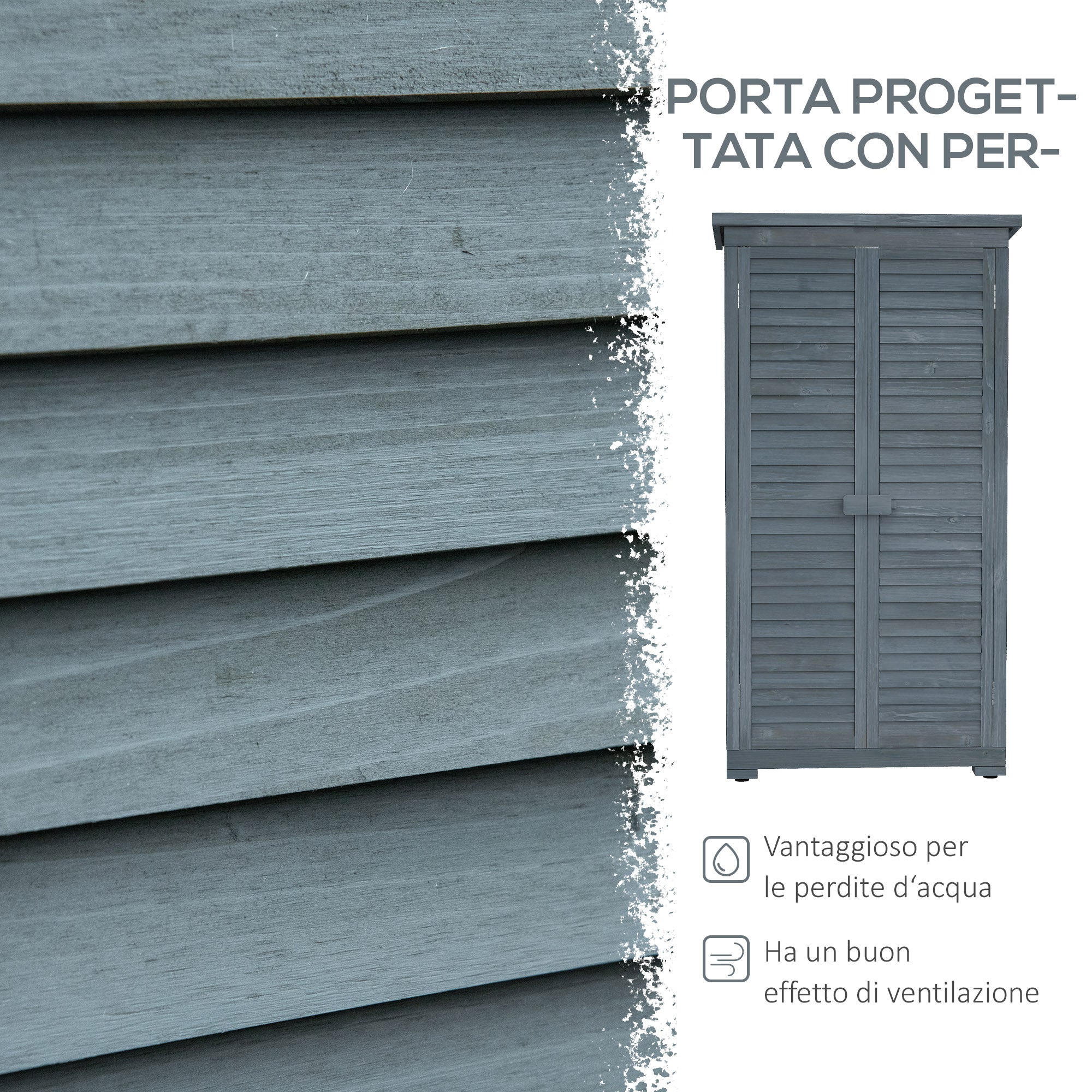 Outsunny Outdoor Wooden Wardrobe with 2 Shutter Doors and Internal Shelves, 87x46.5x160 cm, Grey