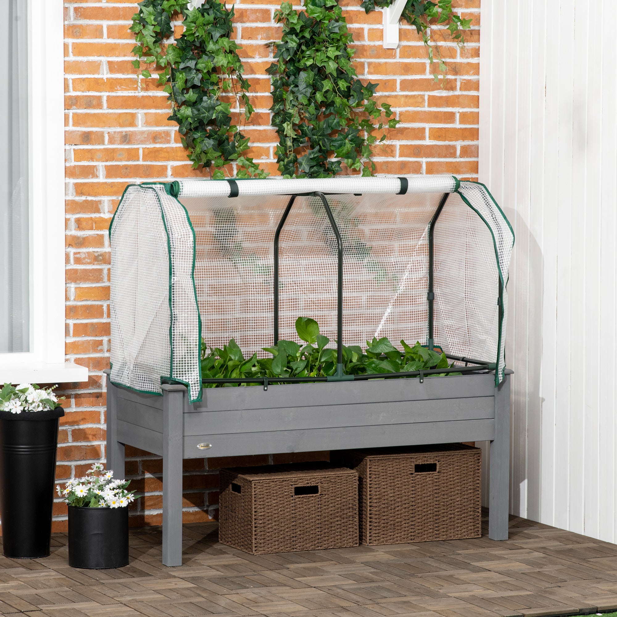 Outsunny Vegetable Garden Bed with Greenhouse, Outdoor Plant Holder in Wood and PE, 121x55x117 cm, Dark Grey